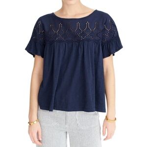J. Crew Navy Blue Flutter Sleeve Eyelet Babydoll Top Oversized Crop Boxy Fit XS